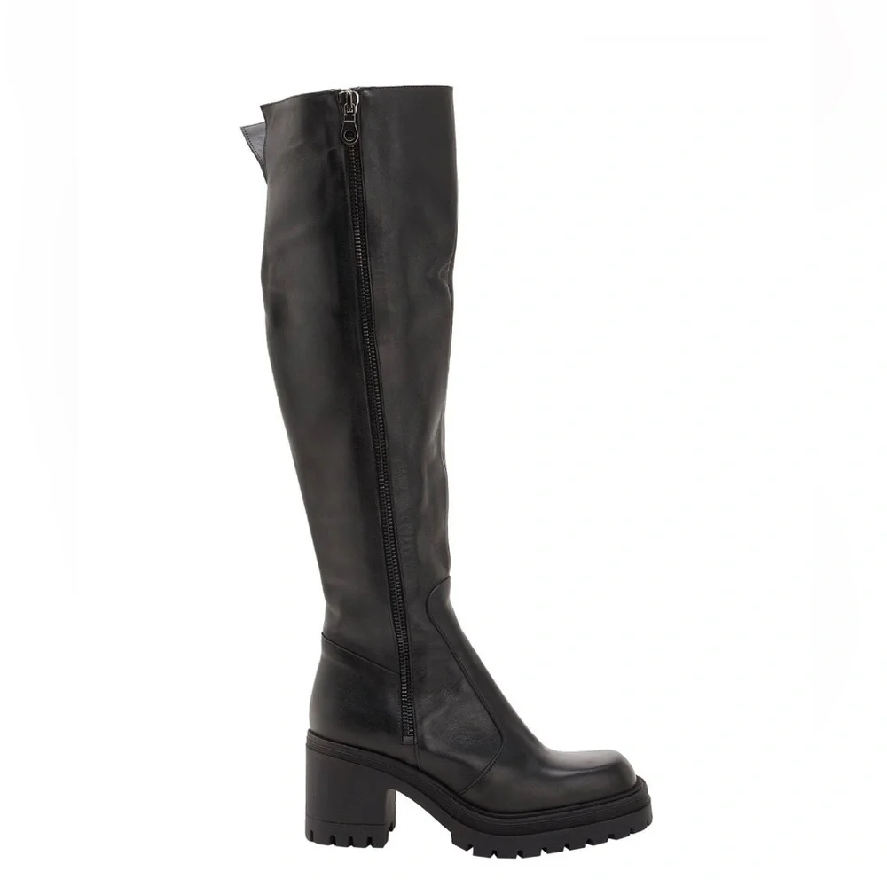 NIB Women's Over-the-Knee Black Leather Boots with Chunky Sole